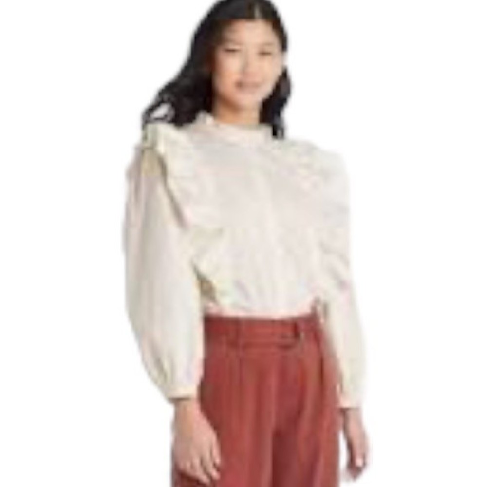 A New Day Blouse Ruffle Polka Dot Long Sleeve Button Off White / Black.Size L